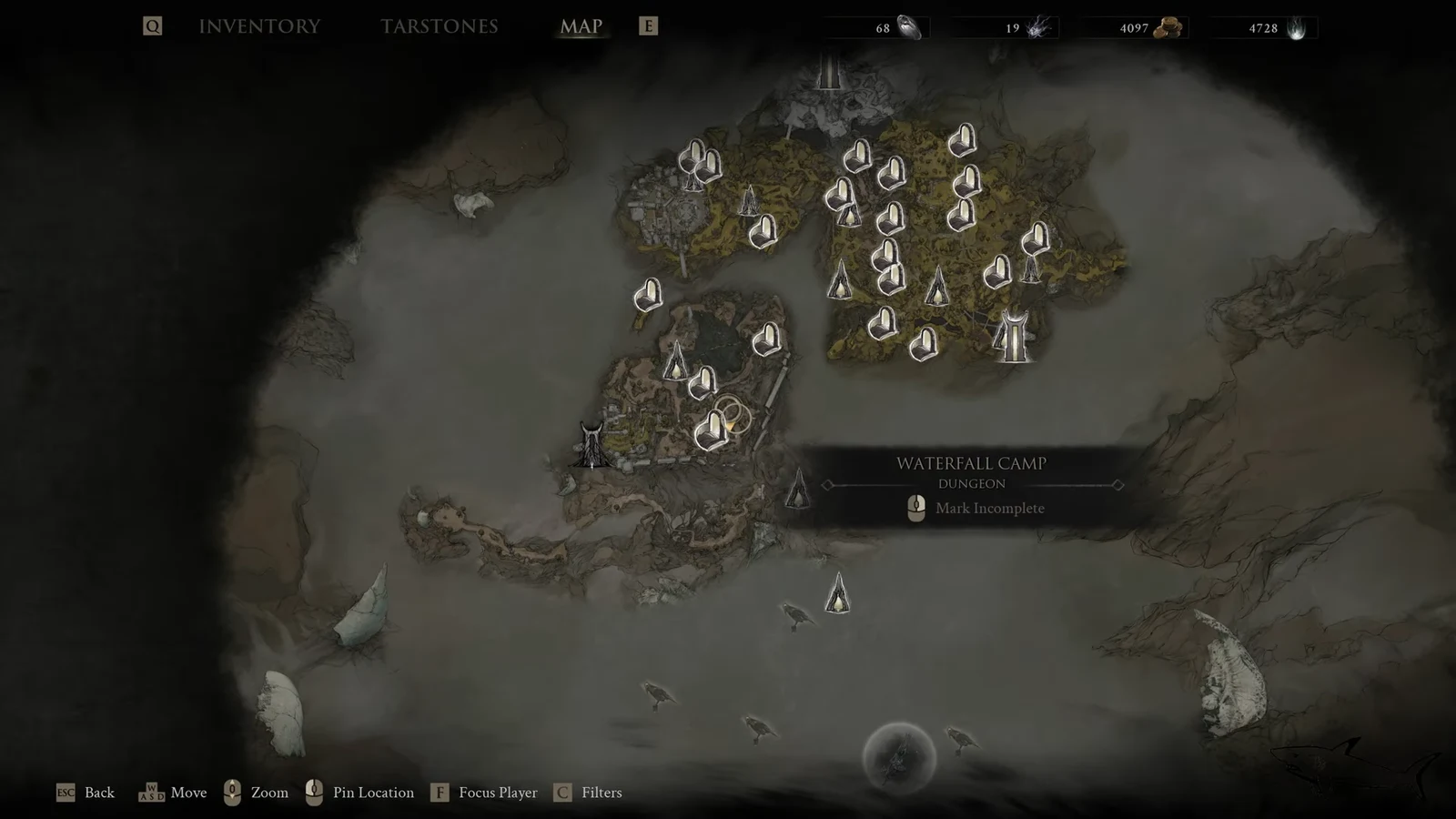 Mortal Shell 2 map screen with a dungeon marker highlighted before setting a route