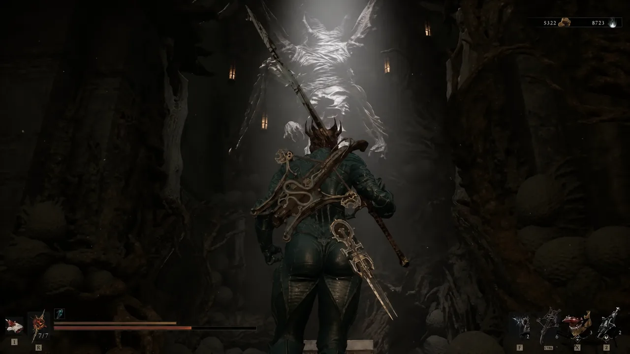 Combat encounter against a tall spectral enemy in a cavern with the HUD visible