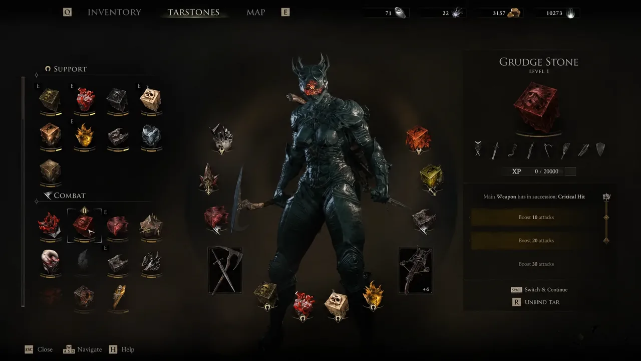 Tarstone details panel showing current level, experience bar, and upgrade milestones