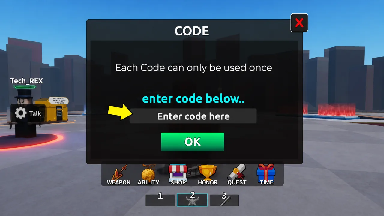 The Code Redeem Menu in Duel Warriors