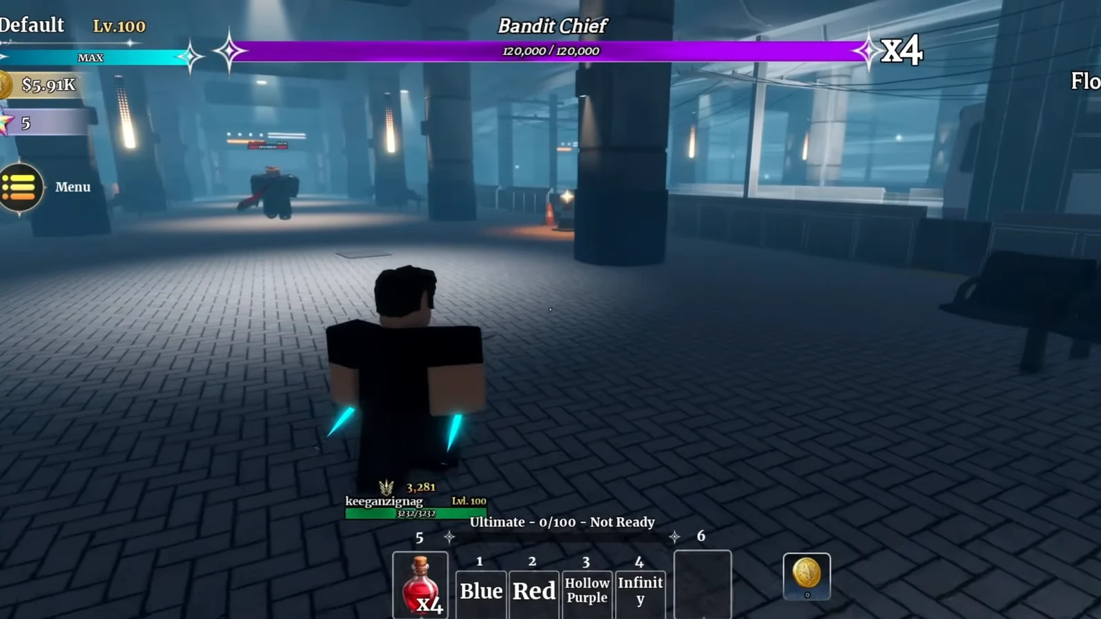 Boss encounter with the boss health bar active and combat abilities loaded in the hotbar