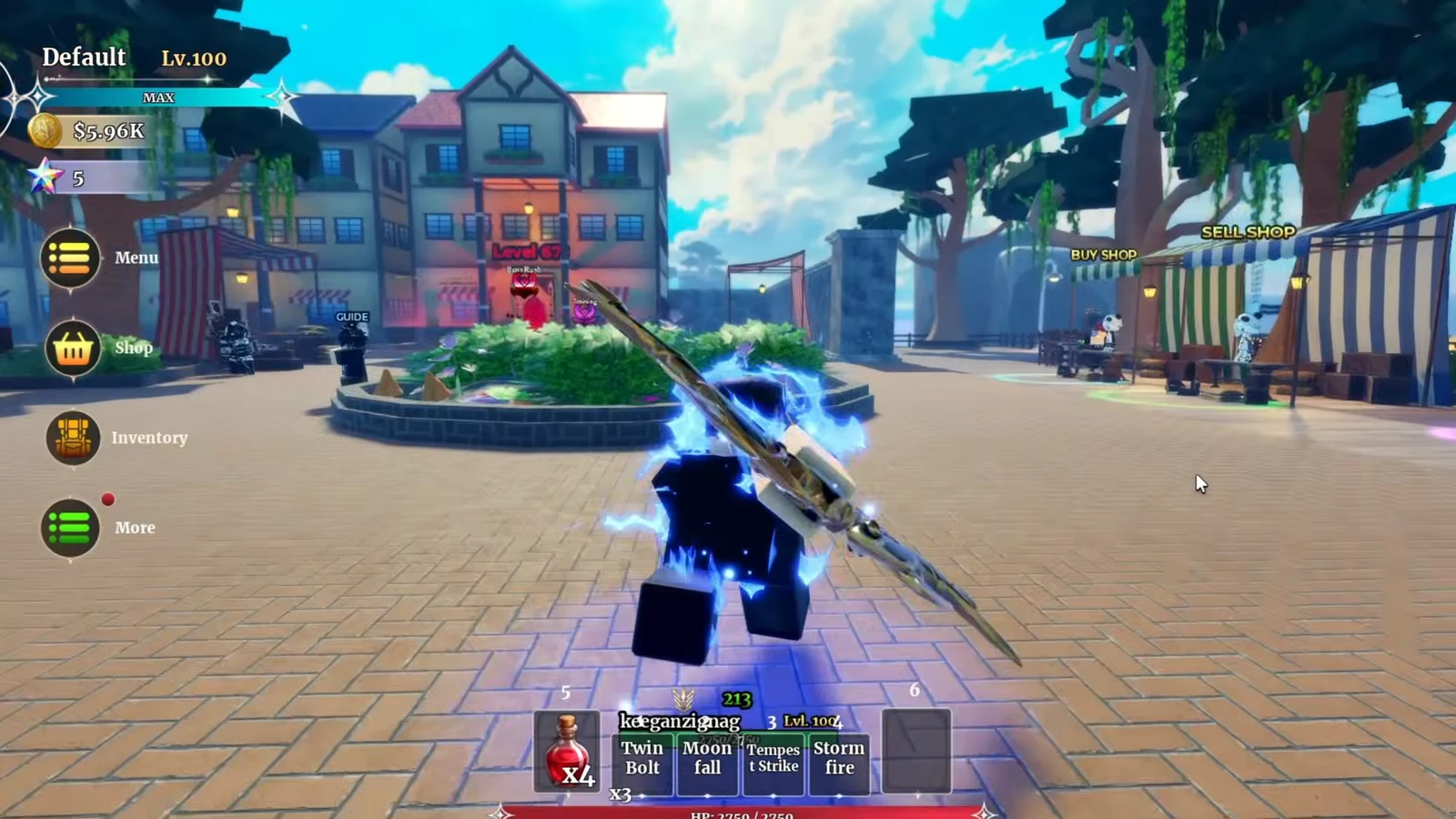 Town plaza hub with the player character and Menu, Shop, Inventory, and More buttons visible