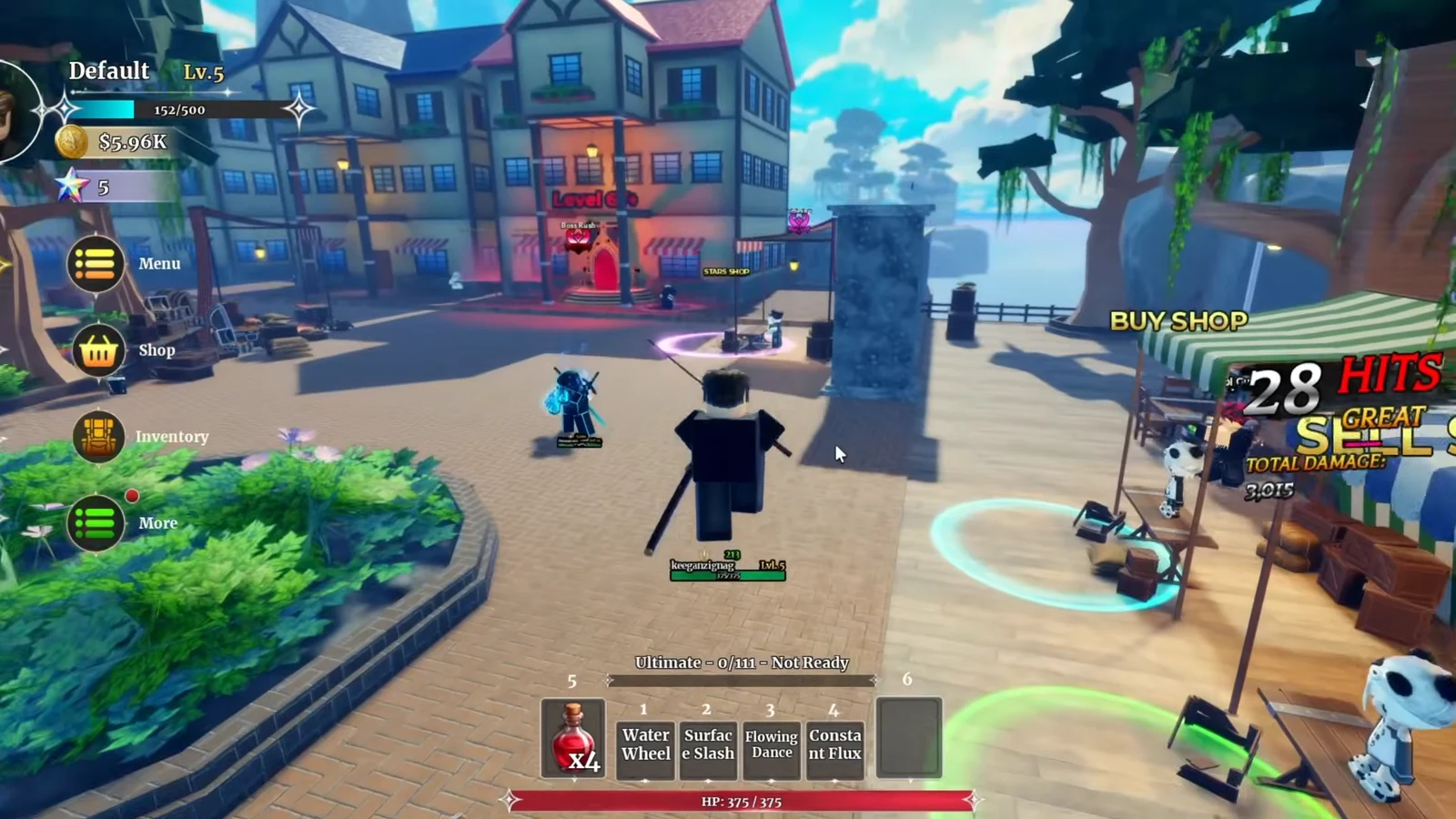 Town hub with the BUY SHOP stall as the player character walks up to it