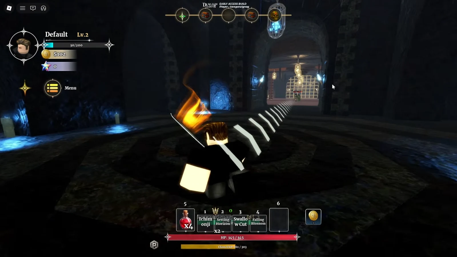 Player moving through a cavern toward a gated doorway in the Bandit's Den with hotbar visible