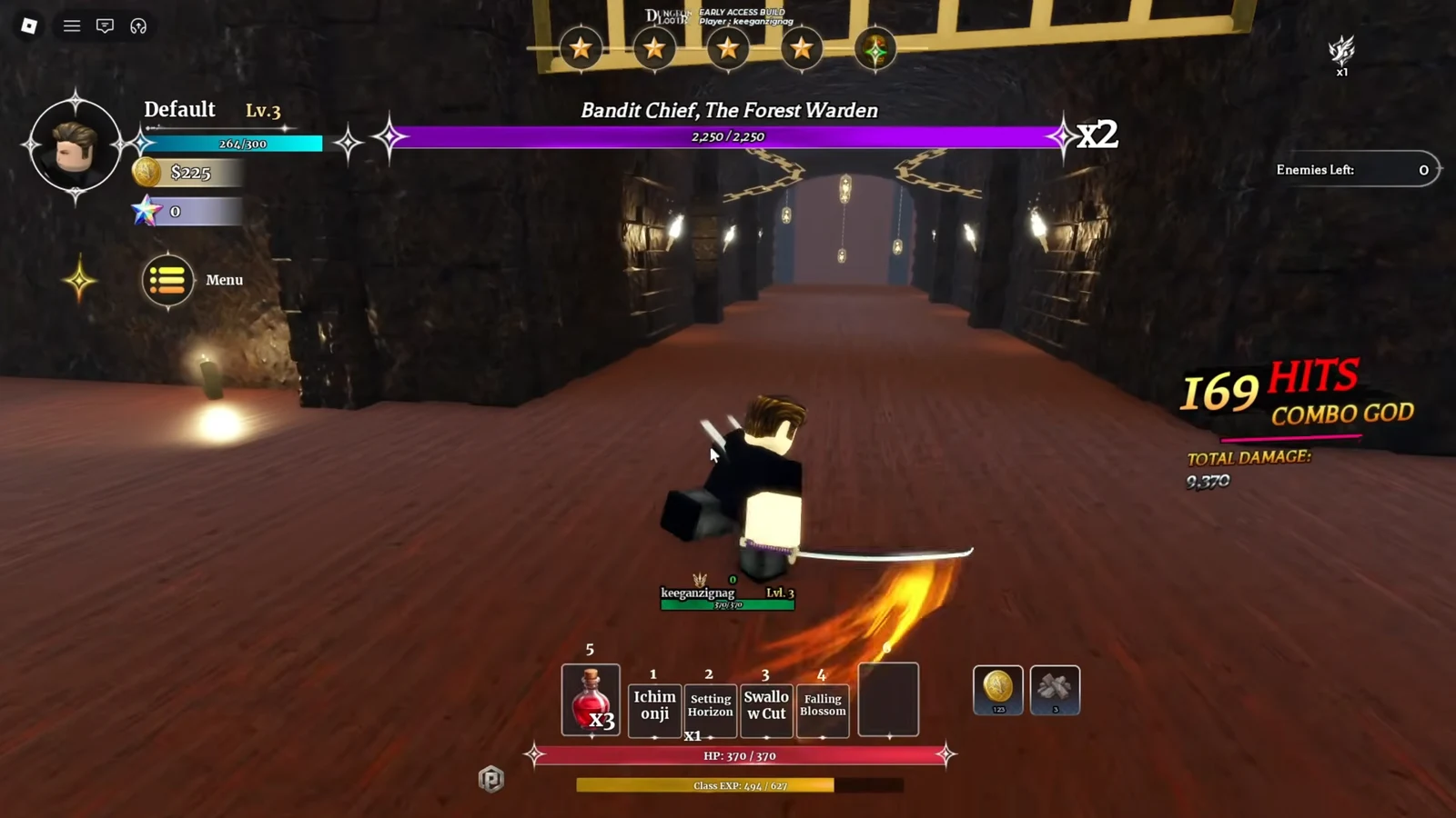 Attacking the Bandit Chief with sword abilities active and a 169-hit combo counter on screen