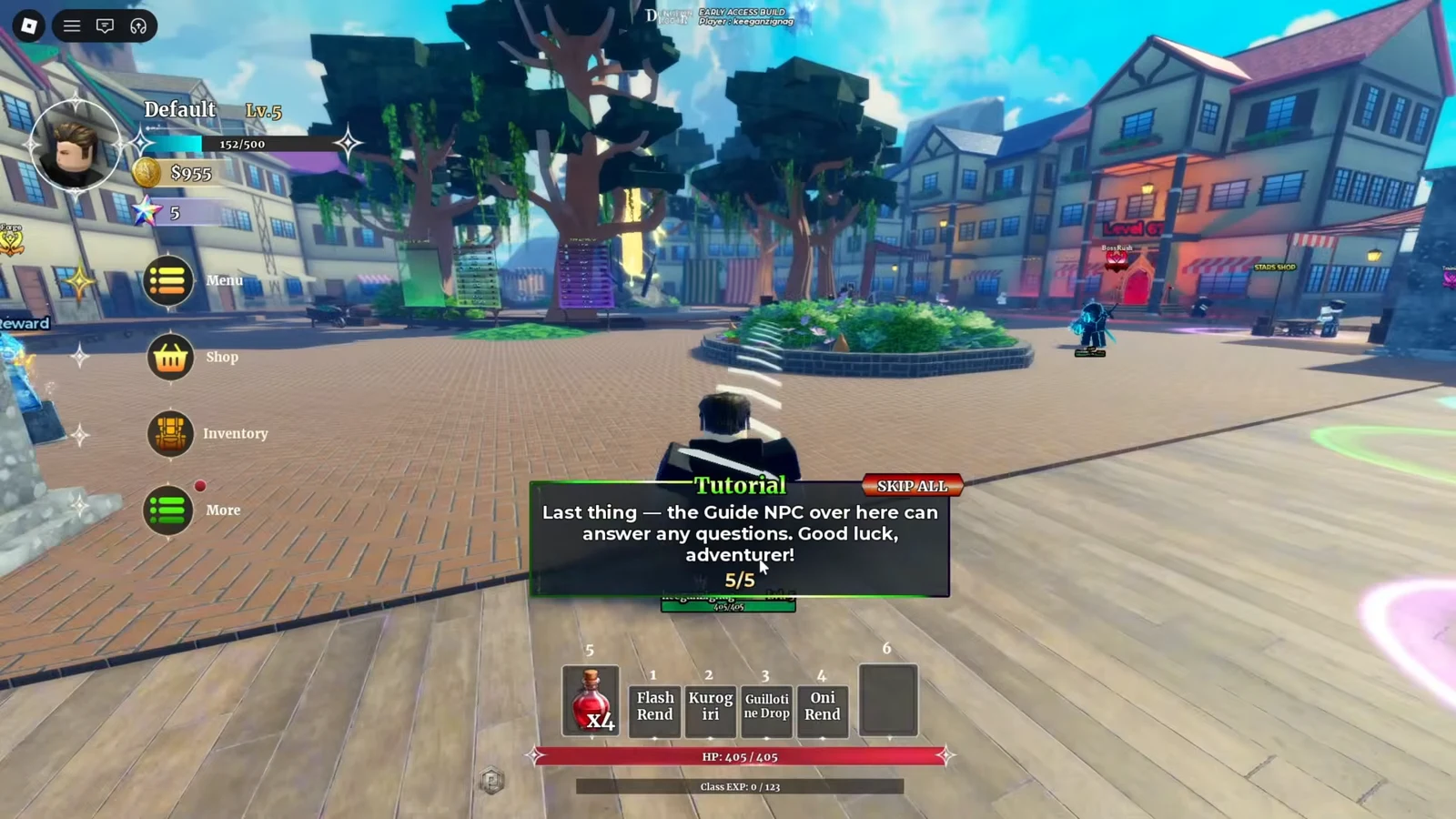 Tutorial dialog step five directing the player to the Guide NPC with a SKIP ALL button