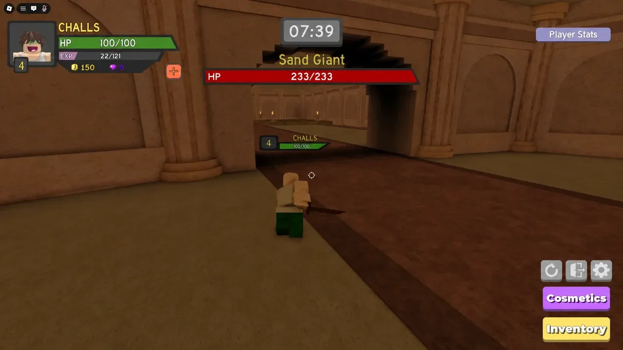 Player facing the Sand Giant boss during the Desert Temple fight