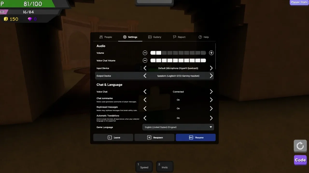 Roblox settings menu open with audio and control options during a dungeon run