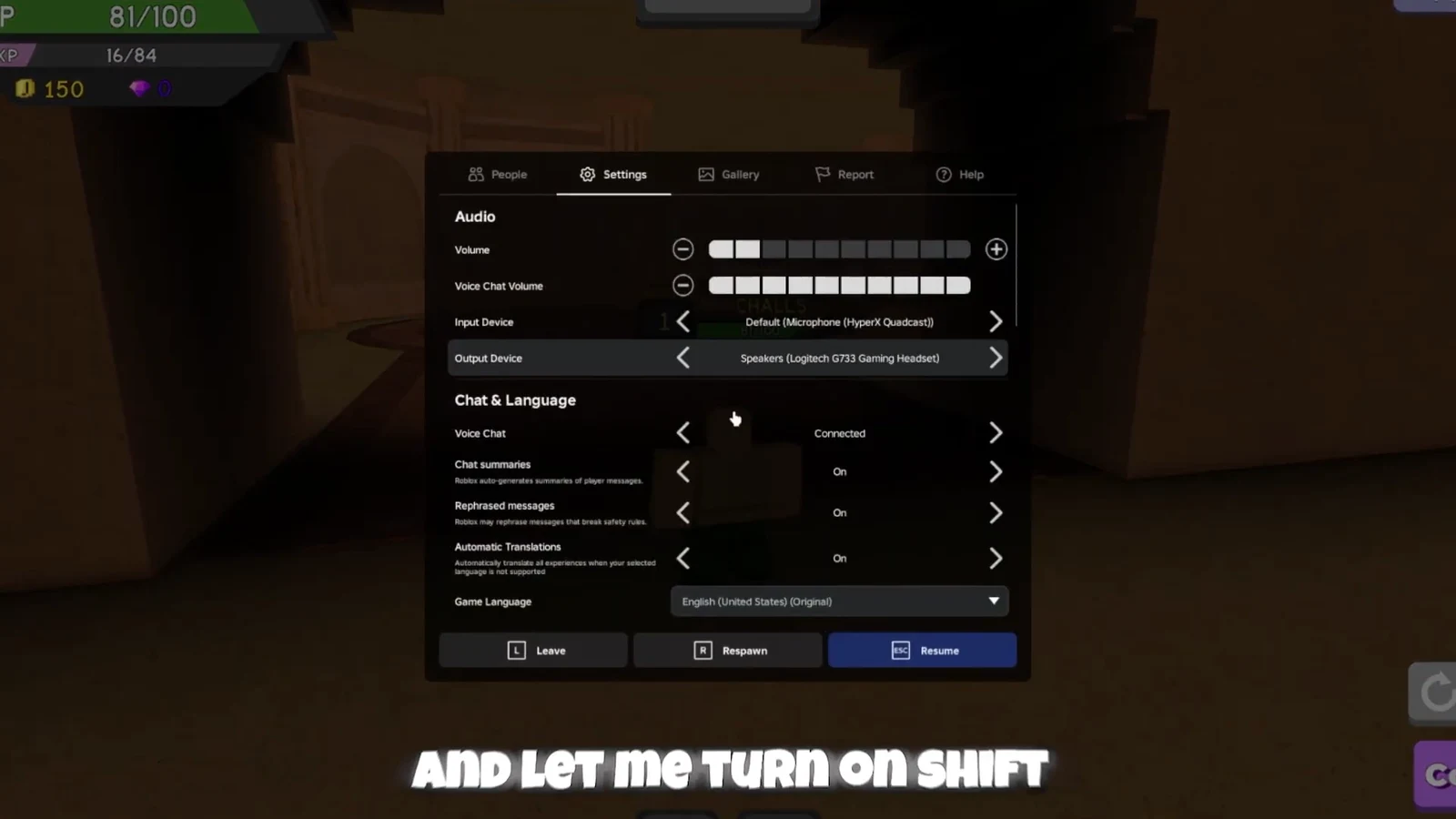 Roblox settings menu open with audio and control options during a dungeon run
