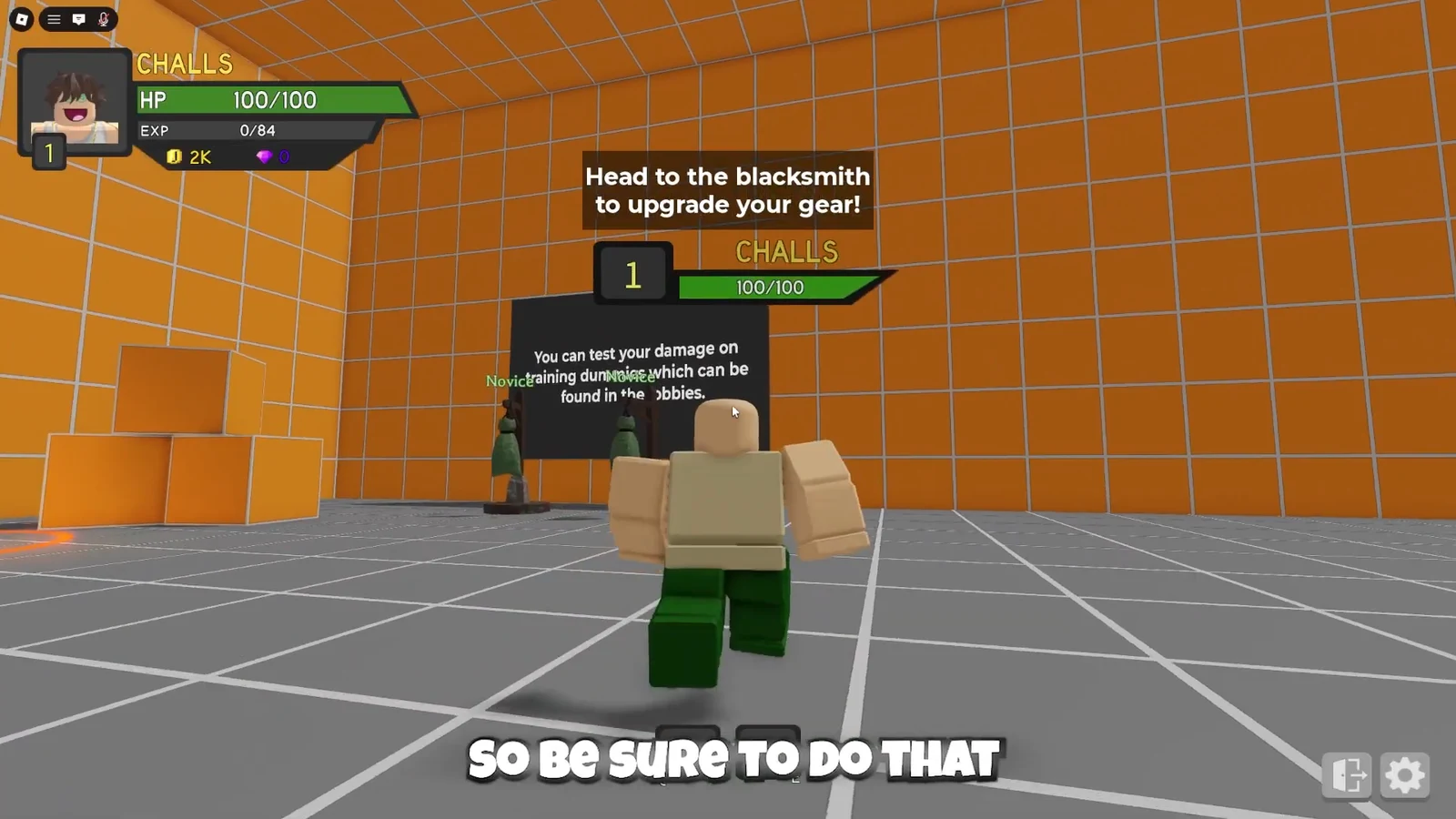 Tutorial prompt telling the player to head to the blacksmith to upgrade gear