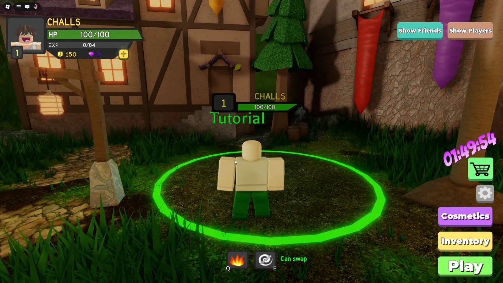 Player character standing inside the glowing green Tutorial circle in the lobby