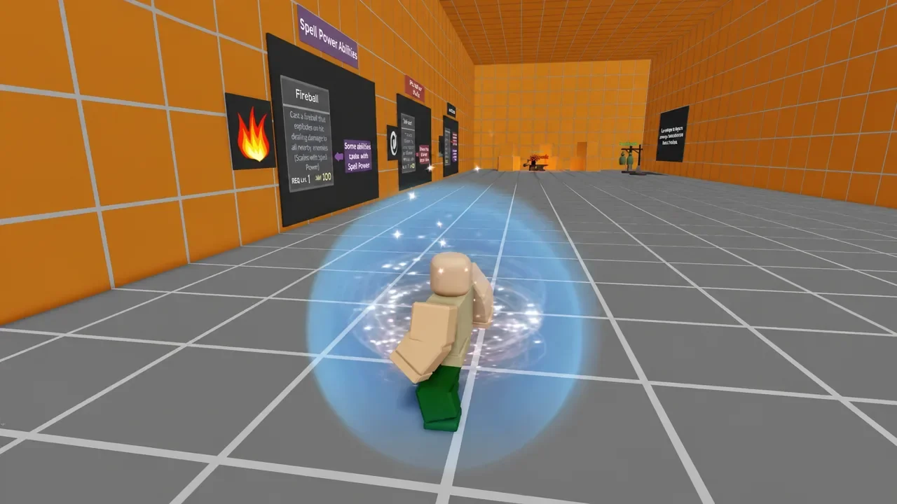 Spell-power abilities board showing Fireball while the player spawns inside a blue shield
