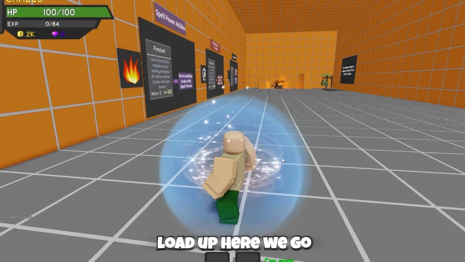 Spell-power abilities board showing Fireball while the player spawns inside a blue shield