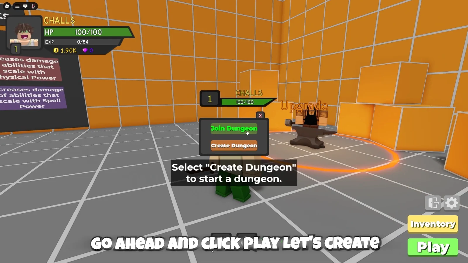 Dungeon menu open with the Create Dungeon button highlighted
