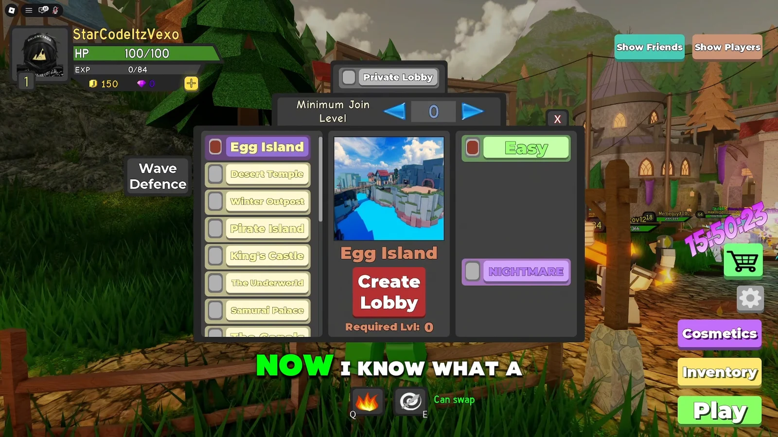 Wave Defence lobby with Egg Island and Easy selected and the Create Lobby button
