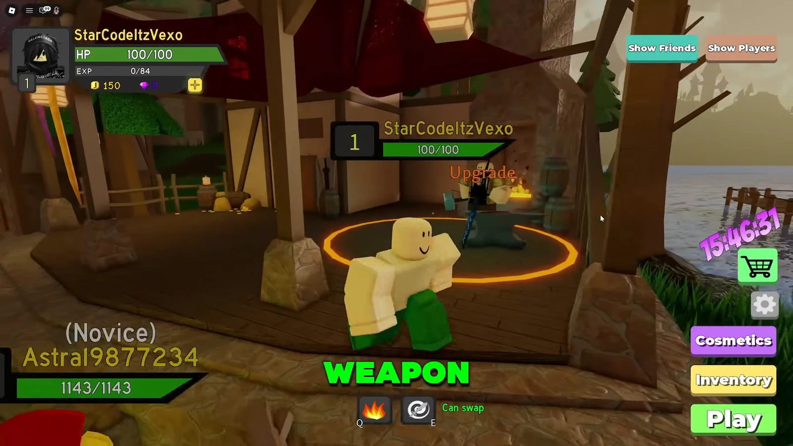 Player standing in the orange Upgrade area facing the Upgrade station with weapon controls shown