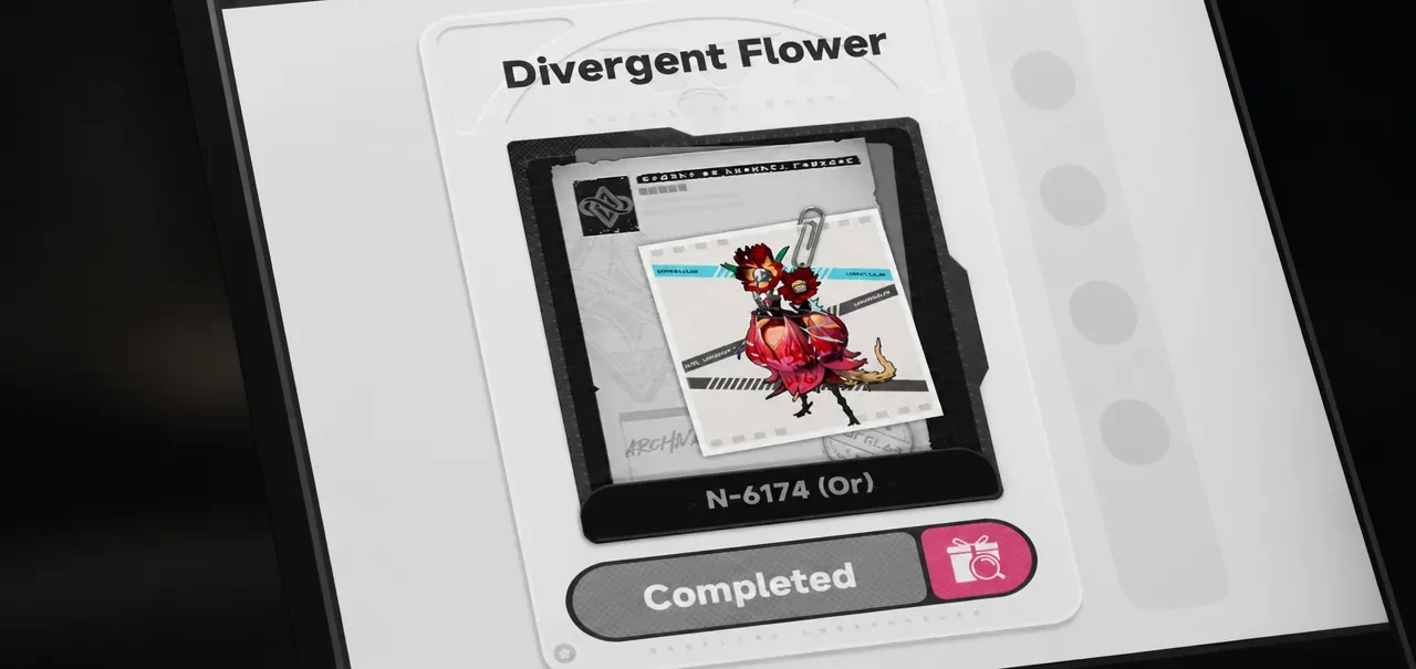 Divergent Flower commission file showing N-6174 (Or) marked Completed with the reward button ready