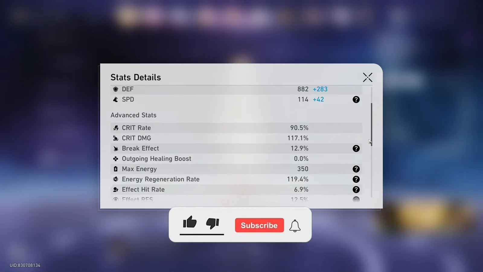 Stats Details panel showing a showcase character's advanced attributes while scrolling