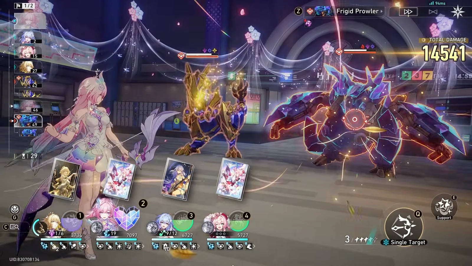 Node 1 battle targeting Frigid Prowler with a single-target attack and total damage shown