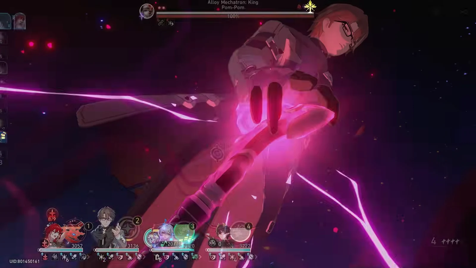 Combat against Alloy Mechatron King Pom-Pom with a glowing pink attack connecting