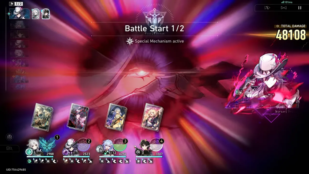 Stormcleanse XII combat opens with a Battle Start 1/2 and Special Mechanism active notice.