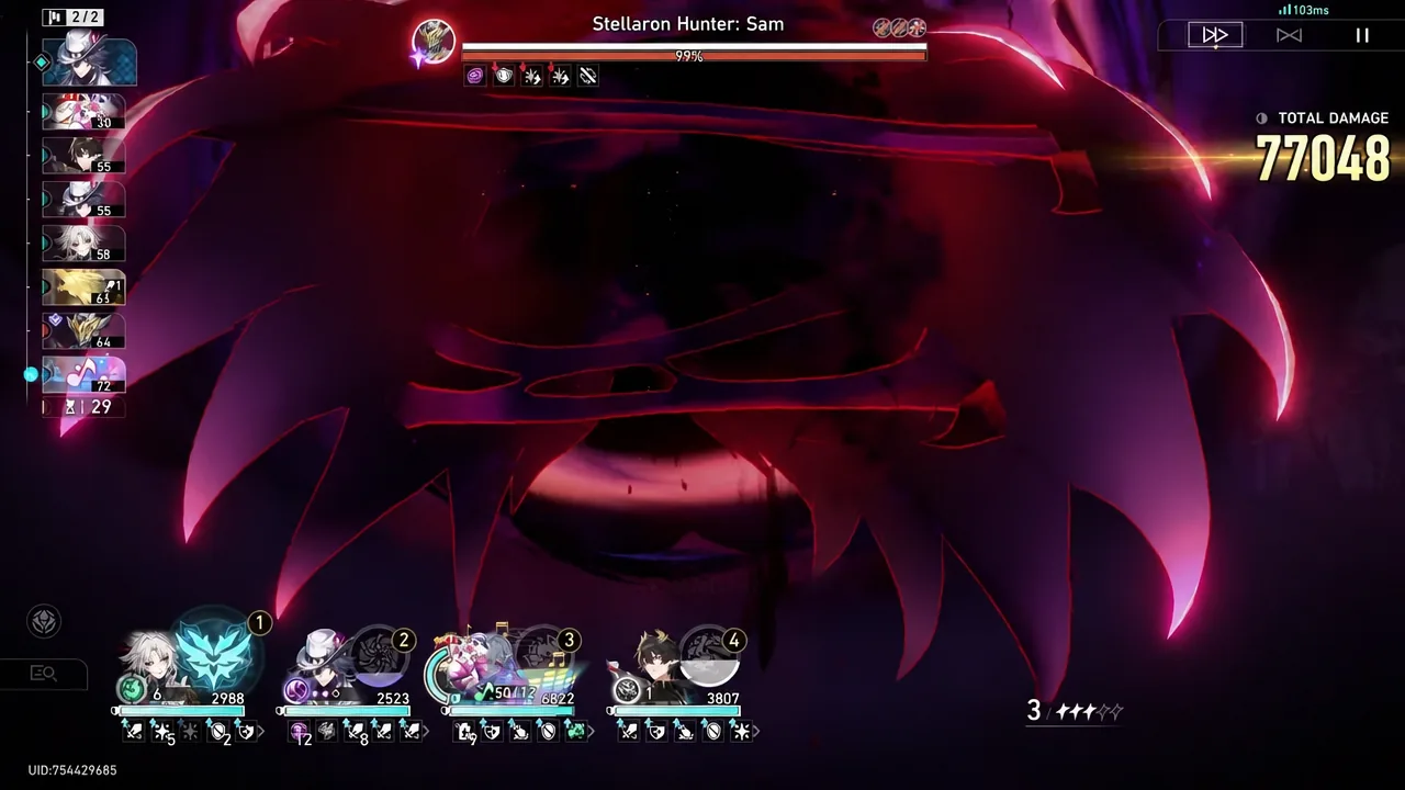 Stellaron Hunter: Sam takes damage as the party attacks, with total damage at 77,048.