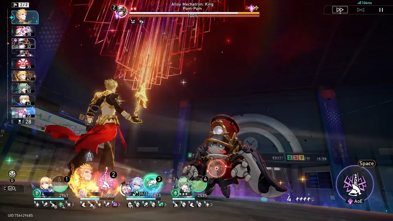 AoE Space ability button highlighted before an attack on Alloy Mechatron: King Pom-Pom.