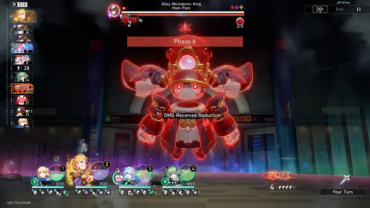 Alloy Mechatron: King Pom-Pom enters Phase II with DMG Received Reduction active.