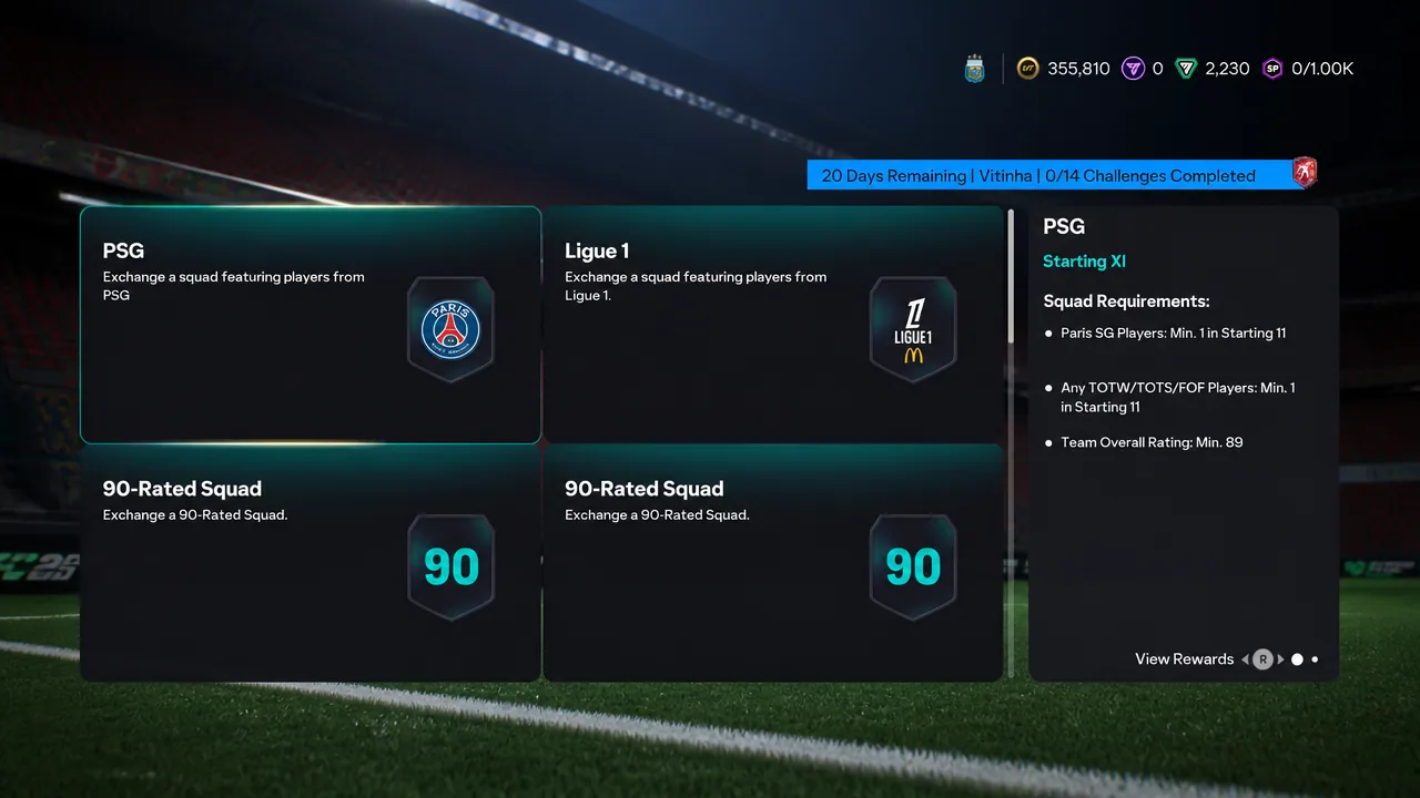 PSG challenge requirements in the Vitinha SBC menu