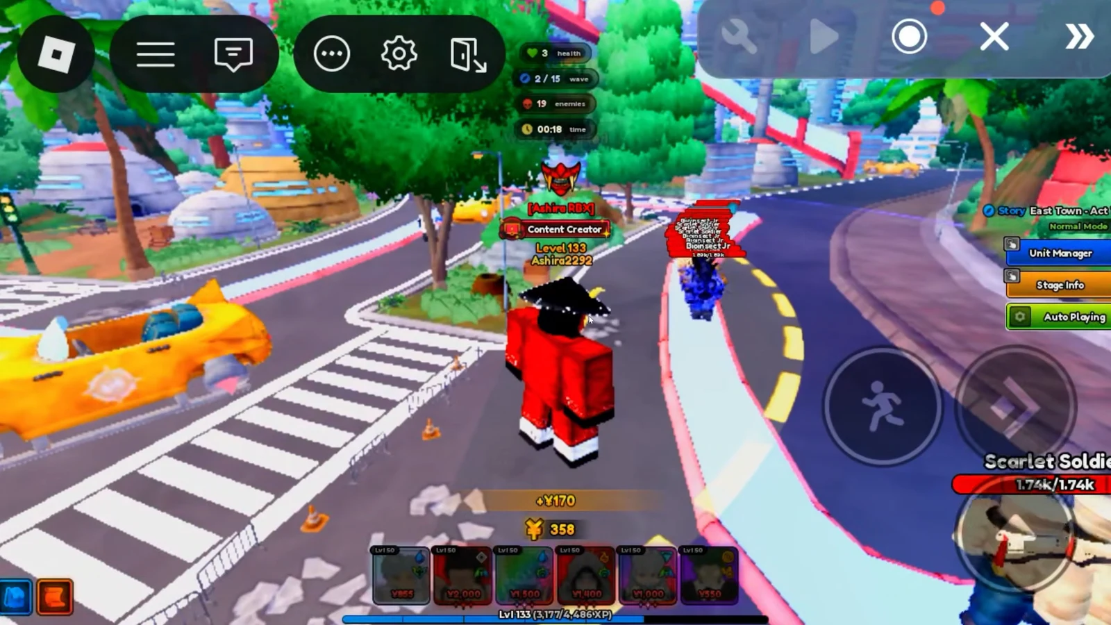 East Town stage auto-playing with a green Auto Playing button next to Unit Manager and Stage Info