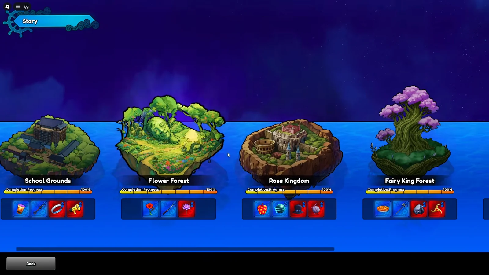 Story menu listing worlds including School Grounds, Flower Forest, Rose Kingdom, and Fairy King Forest