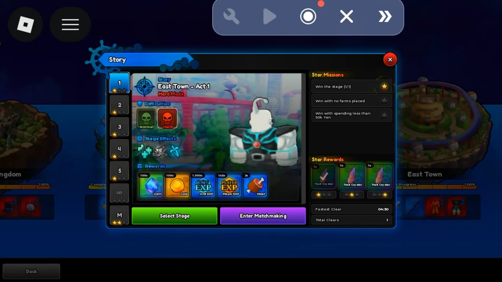 Story menu showing East Town Act 1 on Hard Mode with stage rewards and a stage select button
