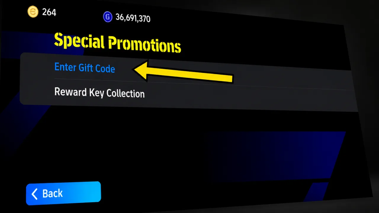 Special Promotions menu with Enter Gift Code option highlighted