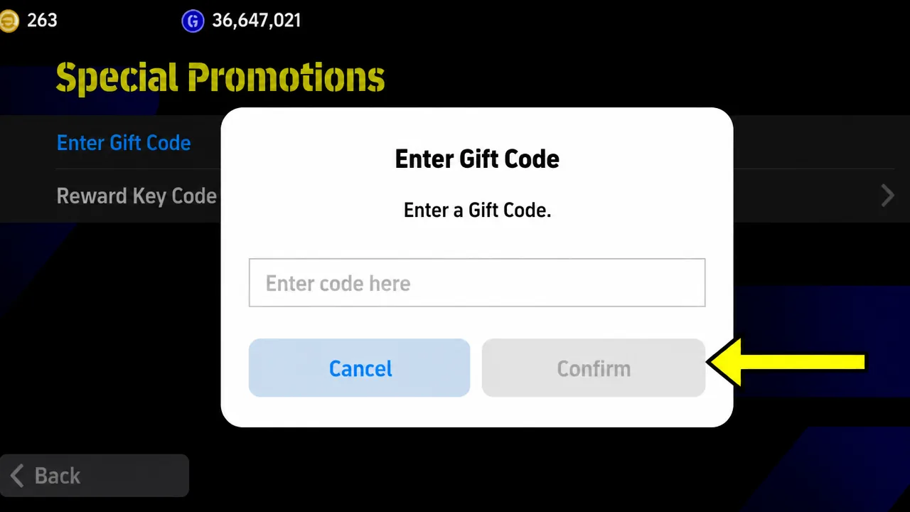 Enter Gift Code dialog with an empty field and disabled Confirm button