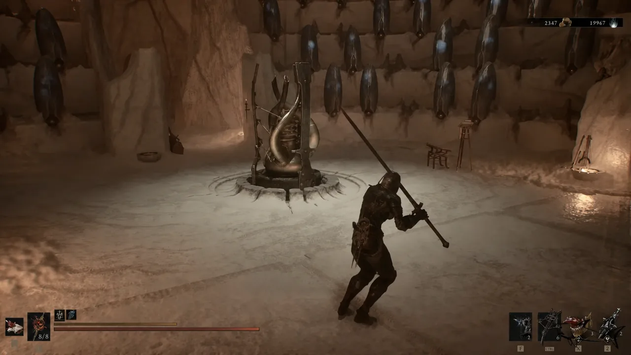 Player character armed with a long weapon moving past the central apparatus in Marrow Keep