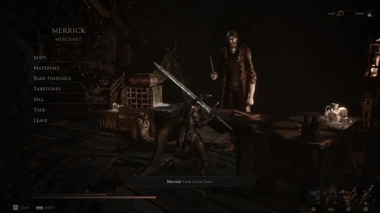 Merrick's merchant menu open on the Maps tab before switching to Tarstones