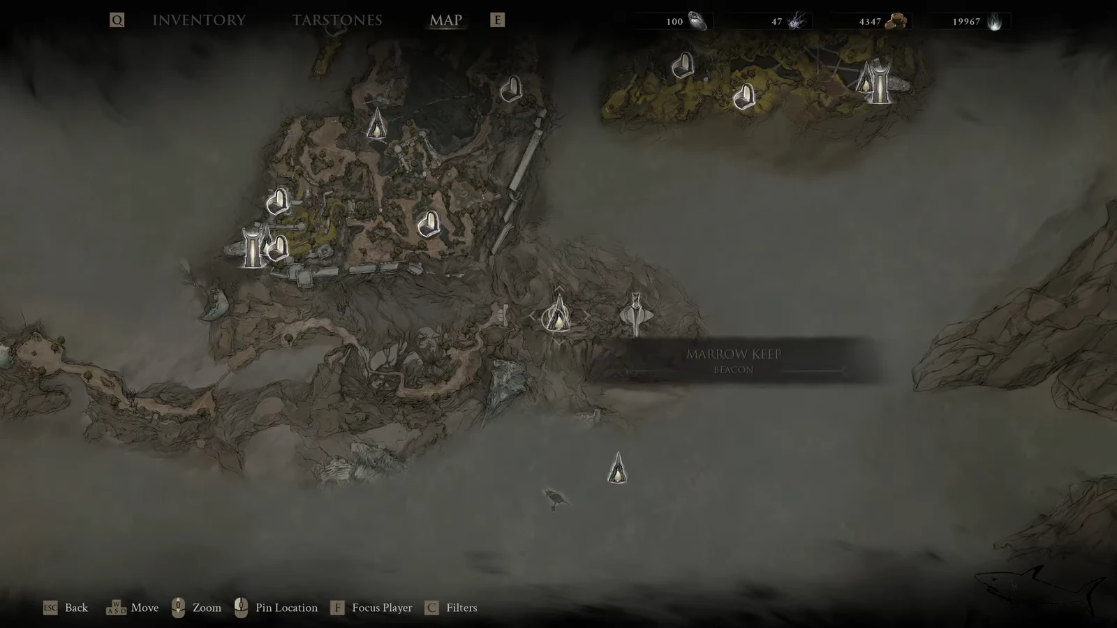 World map with the Marrow Keep Beacon selected for fast travel in Mortal Shell 2