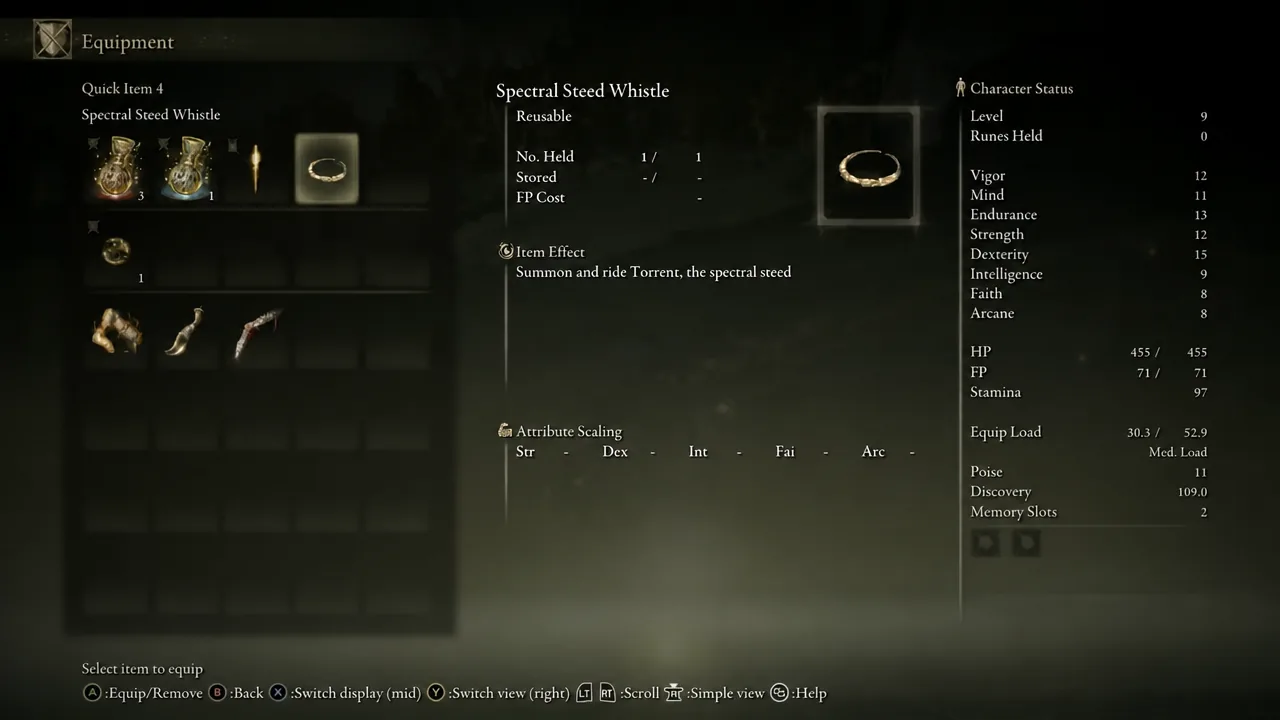Equipment menu with the Spectral Steed Whistle assigned to the fourth quick item slot