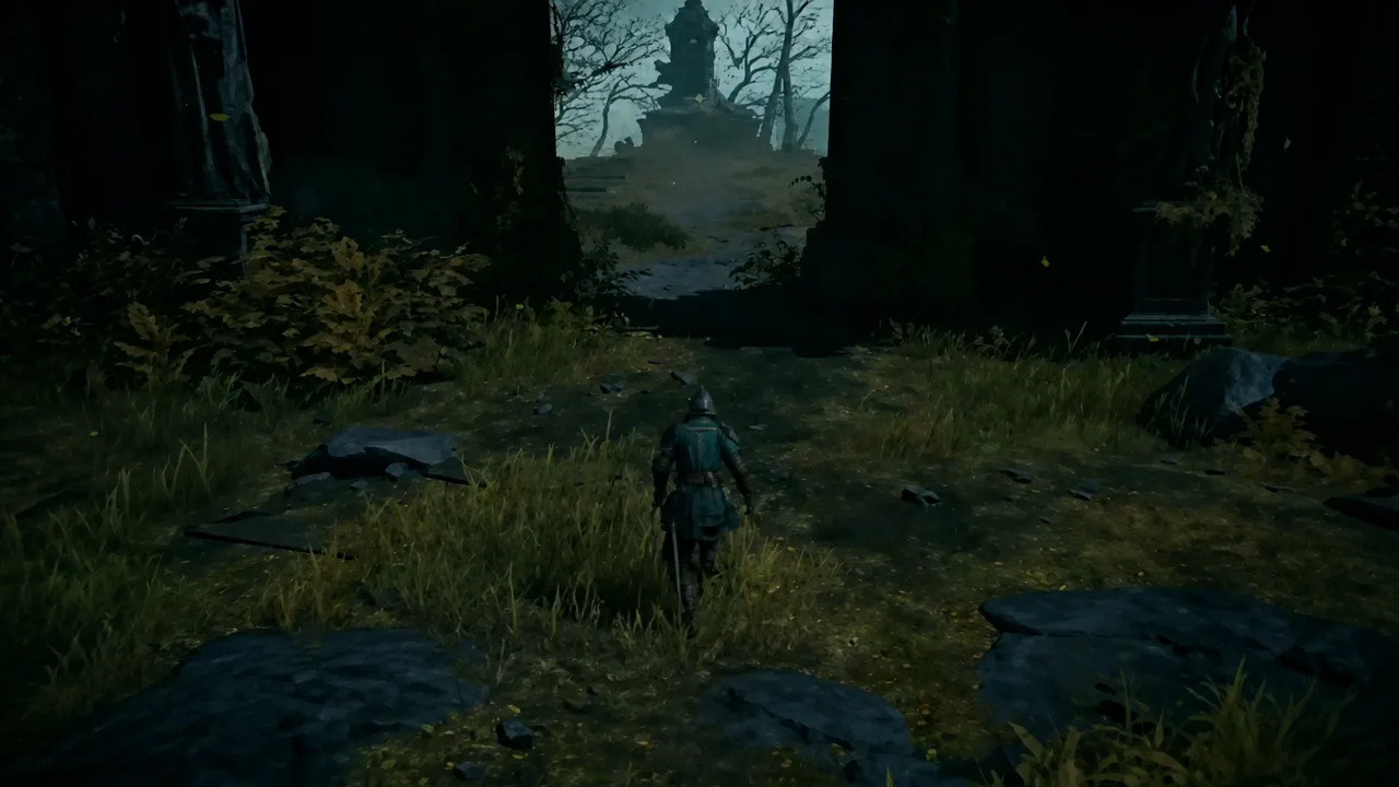 Riding north through Limgrave toward the ruined tower at Gatefront Ruins