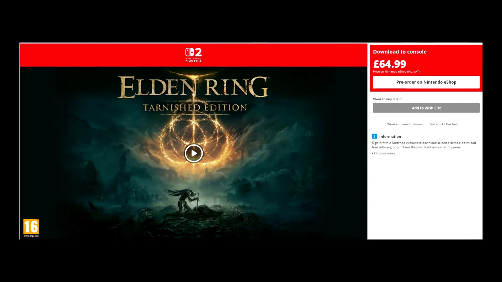 Nintendo eShop listing for Elden Ring Tarnished Edition with the pre-order button and £64.99 price