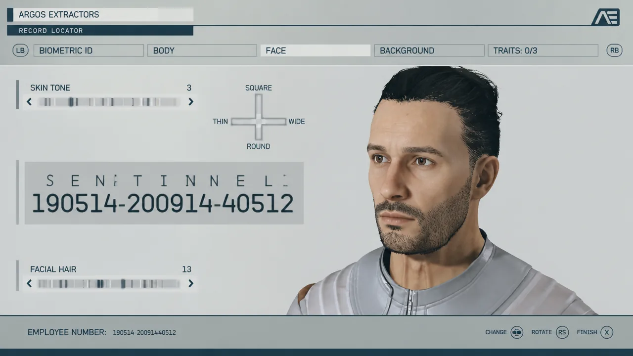 Star field character creation menu with employee number hint decoding