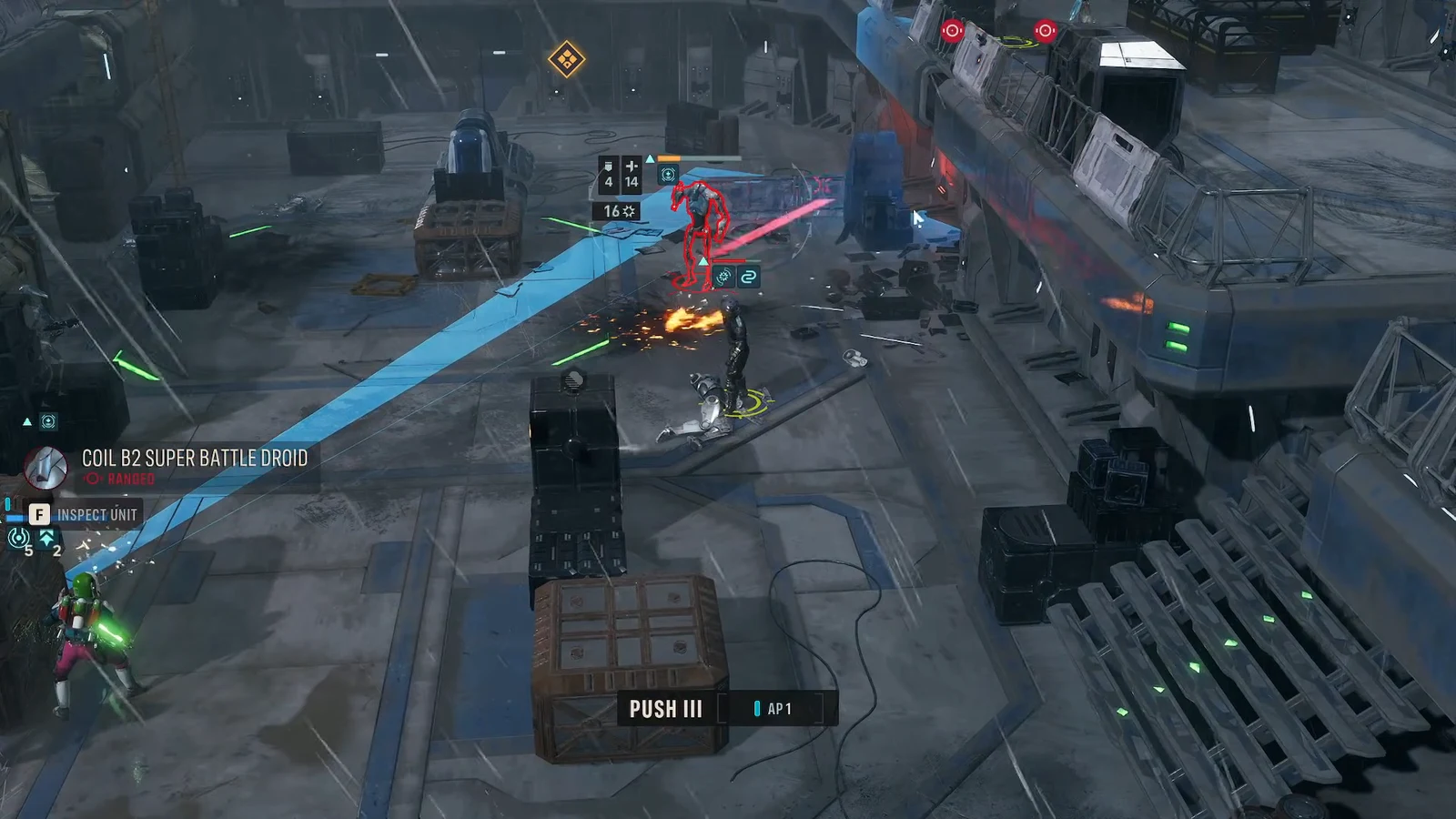 A Coil B2 Super Battle Droid highlighted on the tactical screen while its details are inspected
