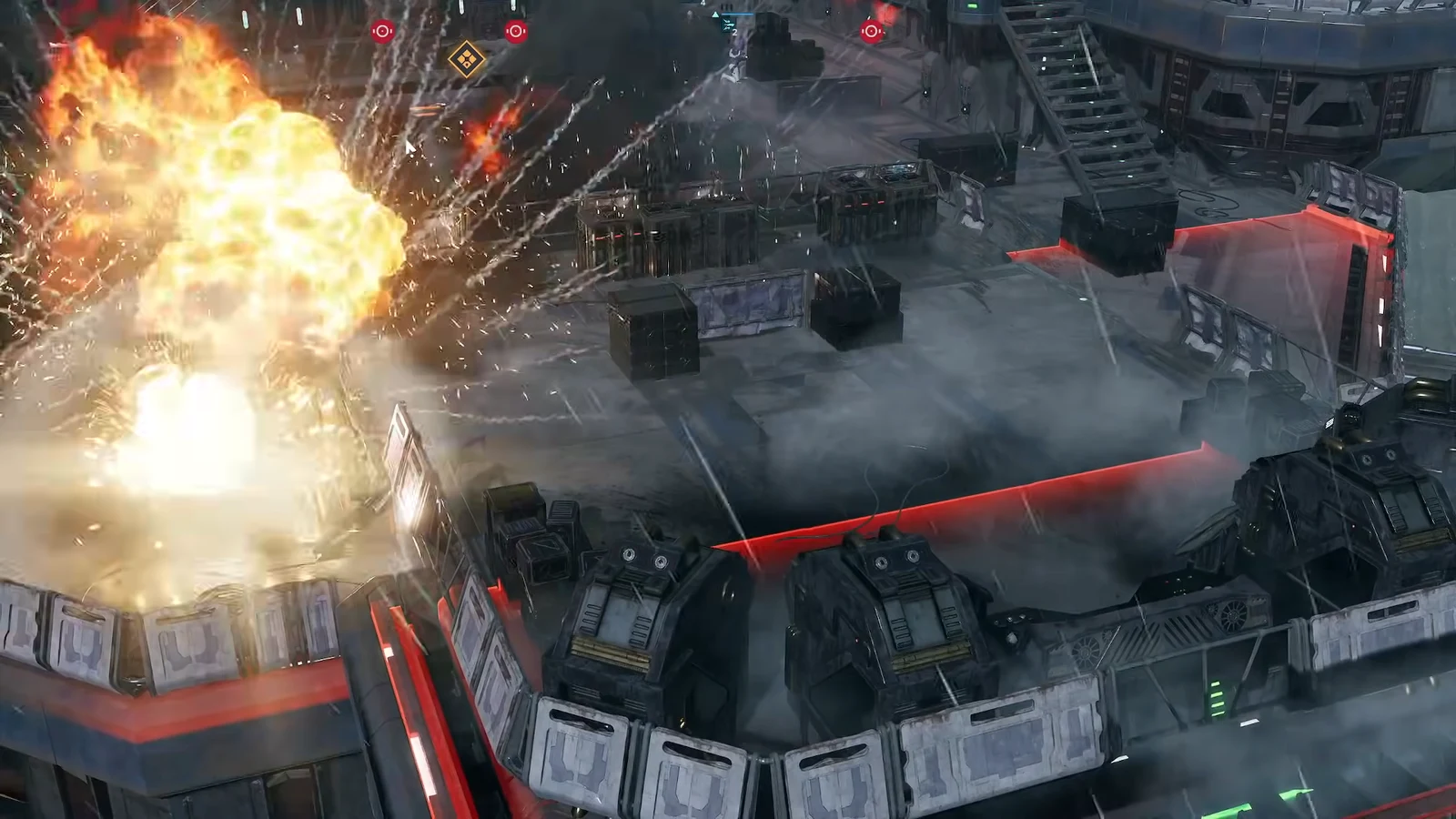 Heavy laser fire detonates across the red-marked rear band of the collapsing platform