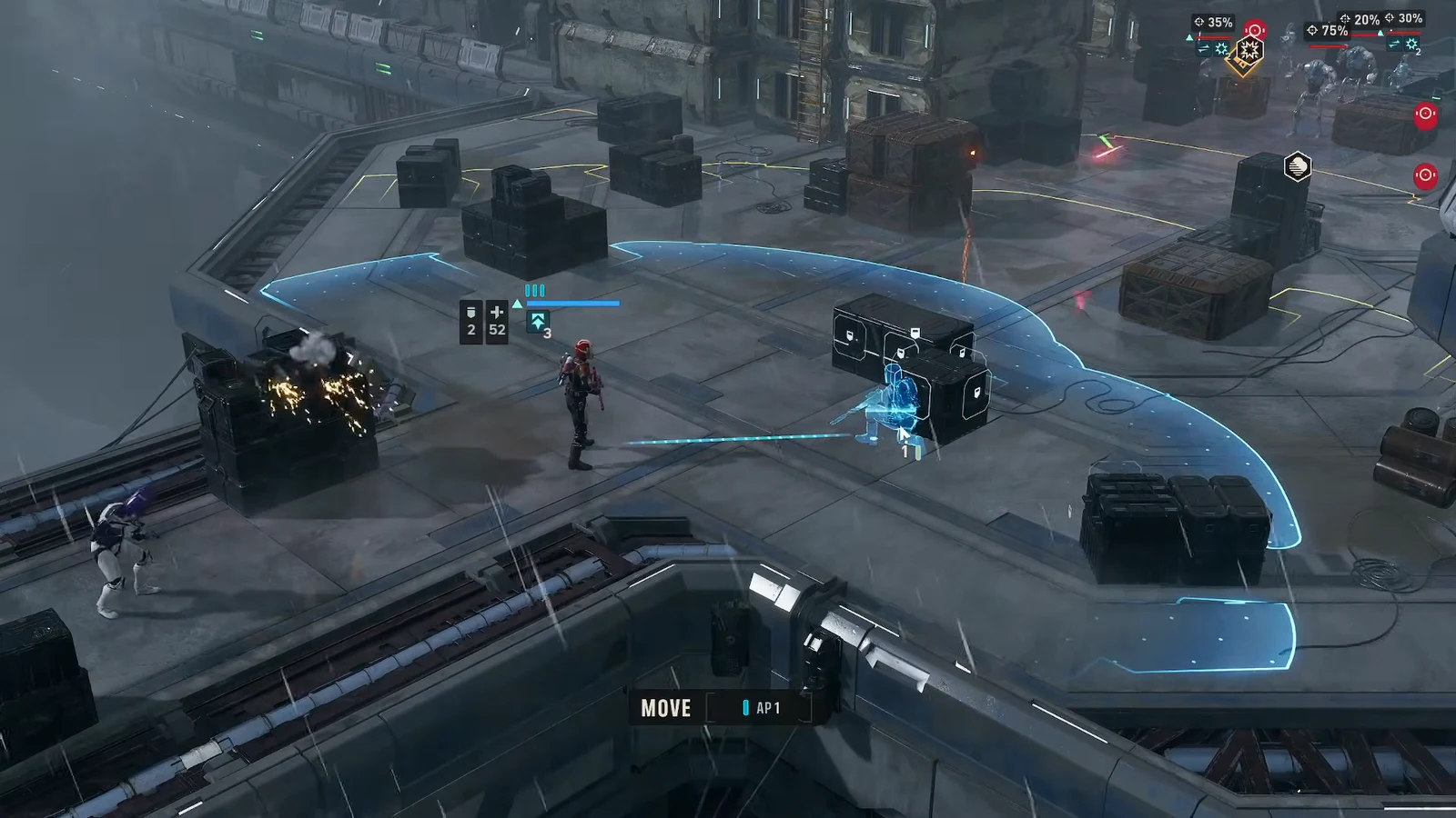 The MOVE command selected with the blue movement range shown ahead of the chosen operator