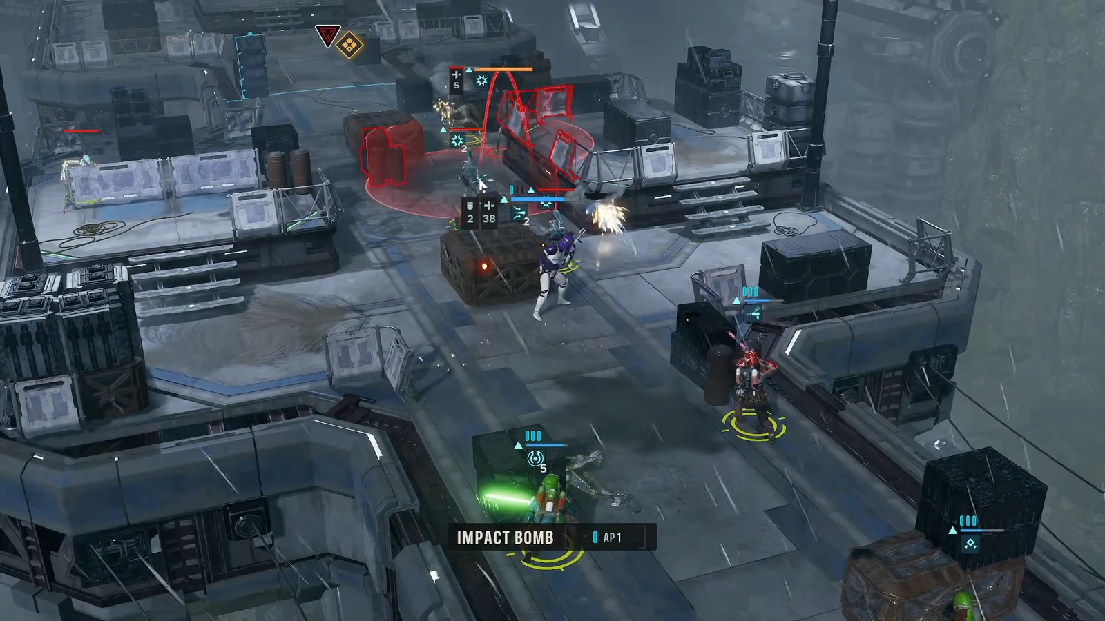 Impact Bomb selected on the tactical screen with the blast area covering red-highlighted droids and cover
