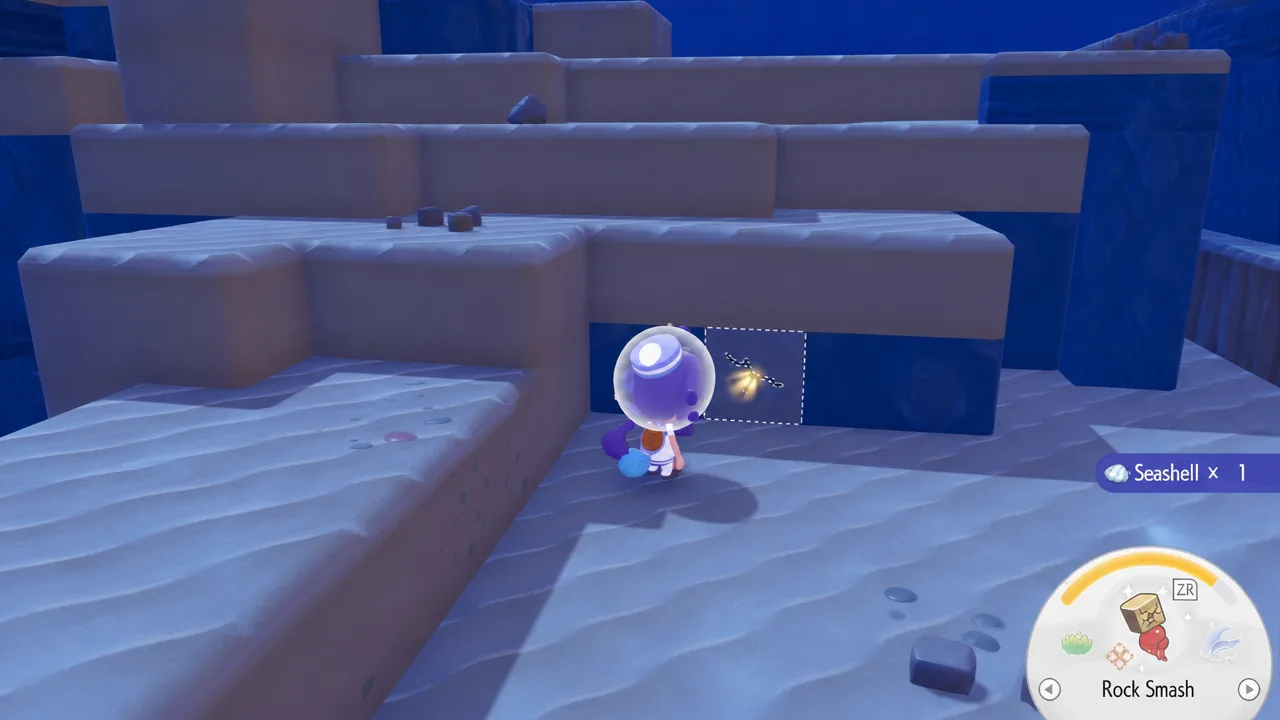 Ditto standing in front of a sparkling block in Pokemon Pokopia