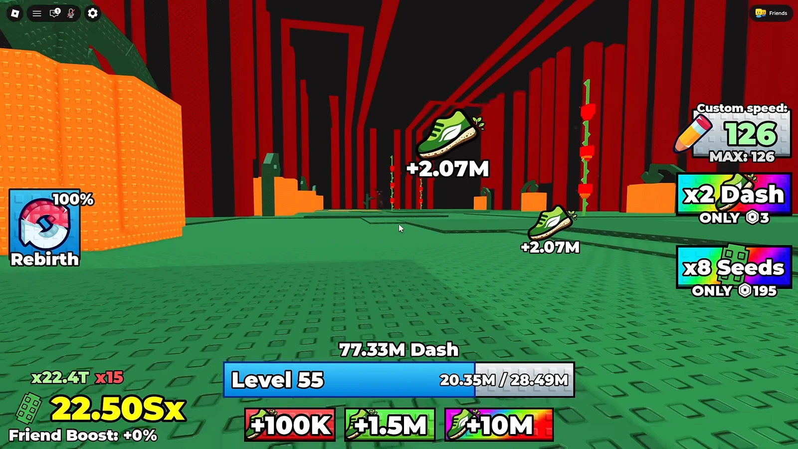 Level 55 progress bar with a shoe pickup awarding plus 2.07M Dash and rebirth boosts active