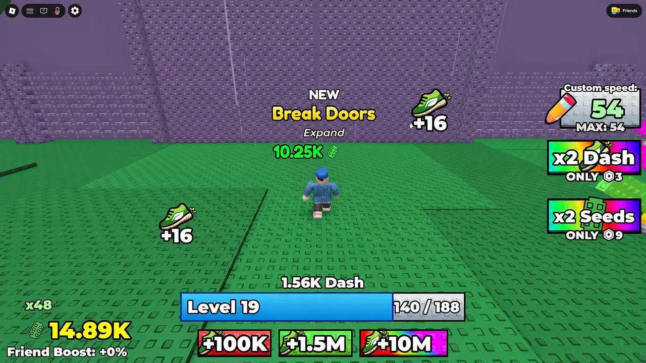 Player standing on the Break Doors expansion pad with Dash, seed and speed counters on the HUD