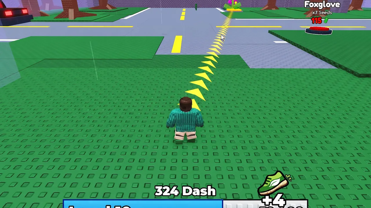 Avatar running the highlighted yellow path on the roadside stage with Foxglove x3 Seeds and 324 Dash shown