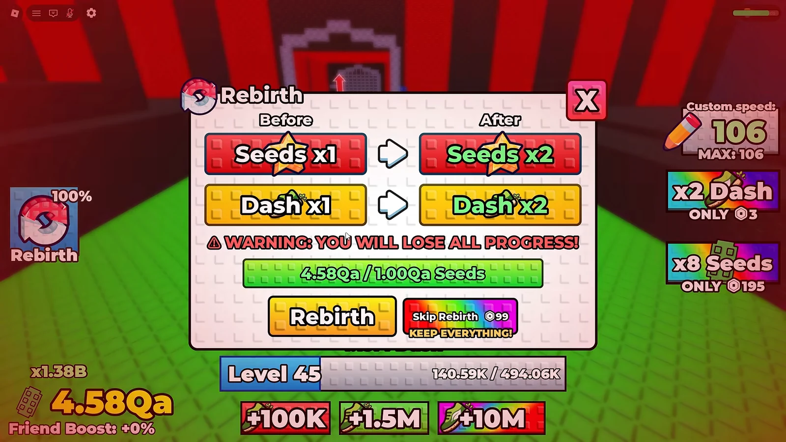 Rebirth menu showing Seeds and Dash doubling, with the yellow Rebirth button and a progress loss warning